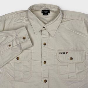 VINTAGE 90s Guess Shirt Mens Large Cream Twill Button Up Logo Casual Classic Fit